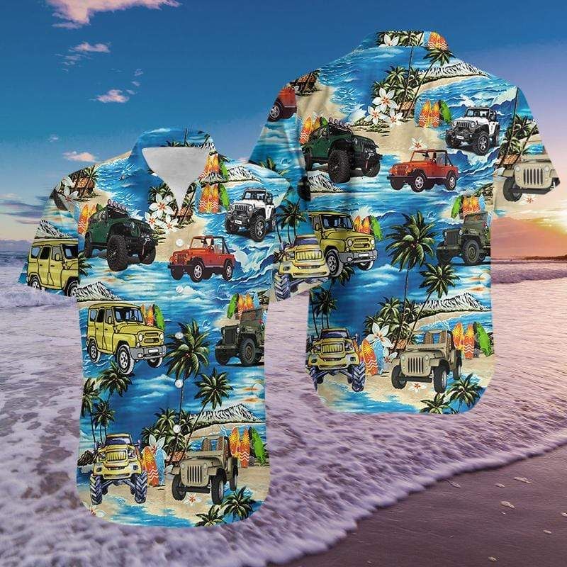 Felacia [Hawaii Shirt] Amazing Jeep On The Beach Blue Unisex Hawaiian Aloha Shirts-ZX2414